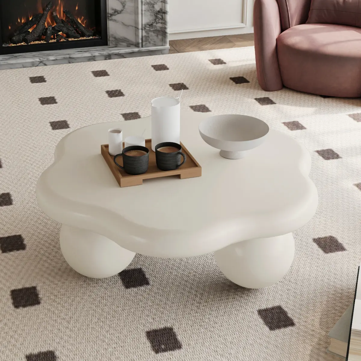 35" Cream Cloud-Shaped Coffee Table - Petal-Inspired Modern Minimalist Indoor Furniture, Spherical Legs, Family Friendly Kids Table, Space-Saving for Small Spaces Apartment Decor, summerwins Furniture for Apartment