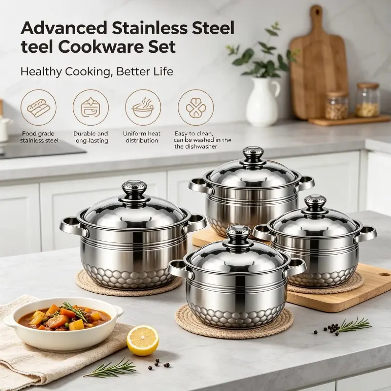 4-piece new thickened multi specification stainless steel soup pot set with lid, double ear soup pot, hammer pattern craft stew pot, universal gas induction cooker, household kitchen noodle, soup, stew, stew pot