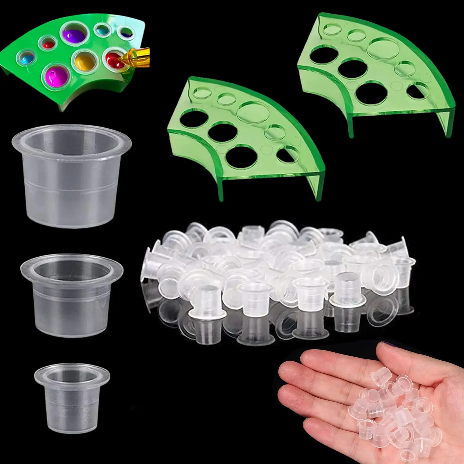 300Pcs Tattoo Ink Cups with 2Pcs 8-Hole Cup Holders, 100Pcs Small 100Pcs Medium 100Pcs Large Disposable Pigment Ink Caps, Permanent Makeup Tattoo Container Cups for Tattoo Supplies