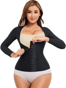 Women's Long Sleeve Post-Surgery Bra Top, Soft Breathable Back Crossed Dual Layer Support, Button Front Abdominal Shapewear