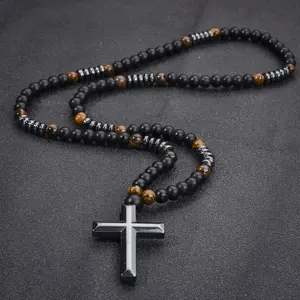 Mens Cross Necklace Prayer Beads Necklace Obsidian Matte Tiger Eye Hematite Jewelry Set With Matte Black Bead Bracelet Fashion Jewelry For Men Daily Wear