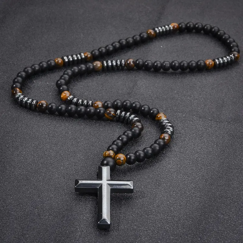 Mens Cross Necklace Prayer Beads Necklace Obsidian Matte Tiger Eye Hematite Jewelry Set With Matte Black Bead Bracelet Fashion Jewelry For Men Daily Wear
