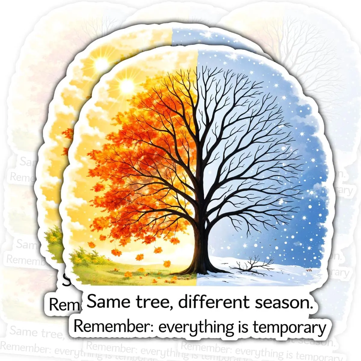 Same Tree Different Season Sticker Inspirational Nature Sticker, Remember Everything Is Temporary Die-Cut Waterproof Sticker for Laptop Water Bottle Phone Window Helmet, Healing Quote Gift