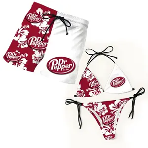 Matching Couple Swimwear Set, Dr Pepper Red Hibiscus Bikini & Board Shorts, Perfect Gift for Him & Her
