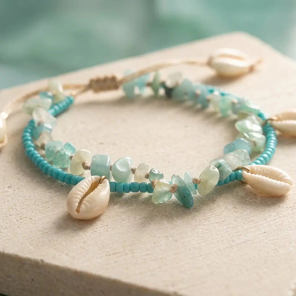 Amazonite Anklet, Raw Gemstone Ankle Bracelet with Shell Charms