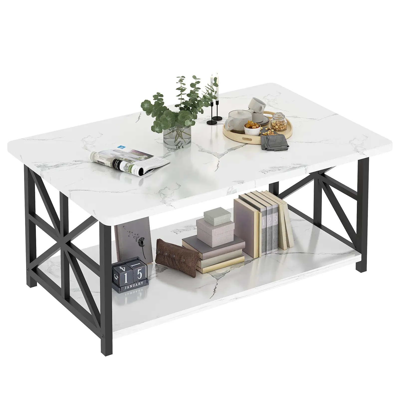 Hooseng 39" Rectangular Modern Faux Black Marble Coffee Table - Sturdy Matte Black Metal X-Frame, 2-Tier Storage Shelf, Compact Space-Saving Design, Easy Setup, Durable Low-Maintenance, Clean Luxury Living Room Modern Furniture, Office Use