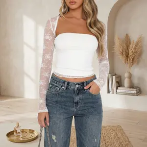 Women's Lace Bolero Shrug See Through Floral Cardigan Sheer Mesh Cropped Y2K Going Out Tops - Elegant Sheer Mesh Cover Up Lightweight Lace Bolero Shrug Floral Cardigan Cropped Top Perfect for Party Club Evening Out Y2K Fashion Style