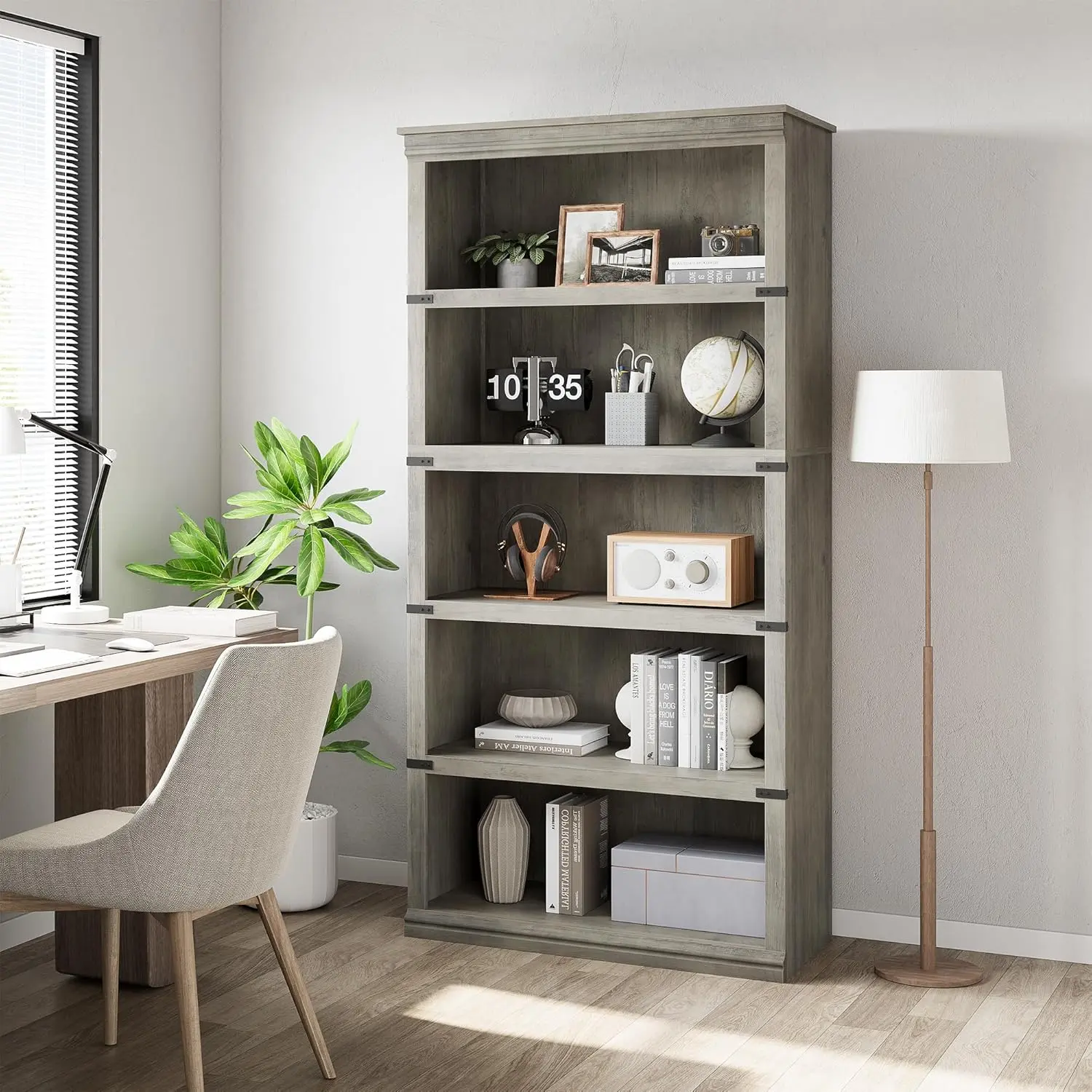 Rustic Farmhouse 5-Tier Grey Wooden Bookshelf Rack - 67.4in Tall Stable Space Saving Furniture, 45 lbs per Shelf Durable Freestanding Unit, Family Friendly for Living Room, Small Room Ideas & Collectibles Storage, Book Nook, Home Library