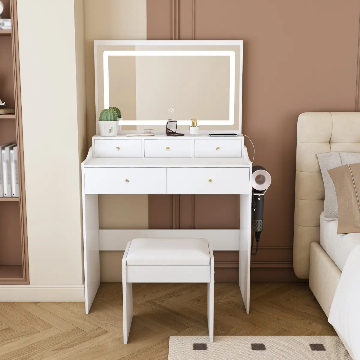 White Freestanding Vanity Desk with Mirror and Lights - Modern Large Makeup Vanity Set, 5 Drawers, Power Outlet, Hair Dryer Holder, 3 Adjustable Lighting Colors, Bedroom Indoor Furniture, Large Mirror