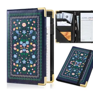 Leather Server Book Zipper Pocket for Waitresses Waiters Professional Restaurant Organizer Fits Apron 5x7.9 Inches Durable PU Material with Pen Holder and Cash Storage