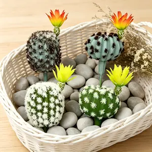 4.72in Artificial Desert Cactus with Flowers, 4 Pcs Faux Succulents Ball Cactus Stems, Yellow Orange Blooms, UV Resistant Touchable Spiky Greenery, No Pot Included, Fake Plants for Plant Wall, Window Shelf, Home & Farmhouse Decor