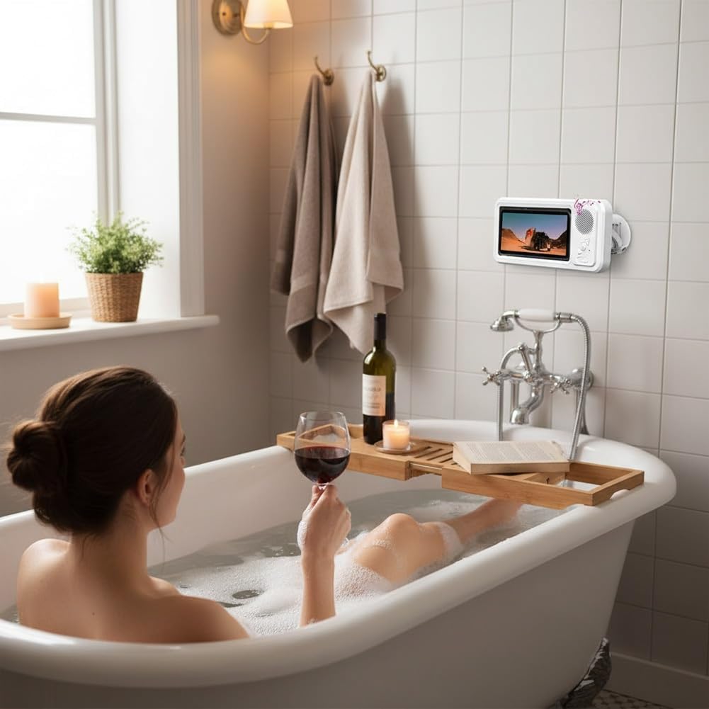 2-in-1 Waterproof Shower Phone Holder with Bluetooth Speaker, 360° Rotation Anti-Fog Touch Screen Wall Mount Case, Bathroom Phone Box for Music & Movies, Fits All Smartphones