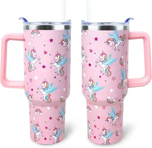 Unicorn Tumbler 40 oz Tumbler with Handle and Straw Lid Leak Proof - Unicorn Cup for Christmas Birthday Gifts for Women Girls - Stainless Steel Cup