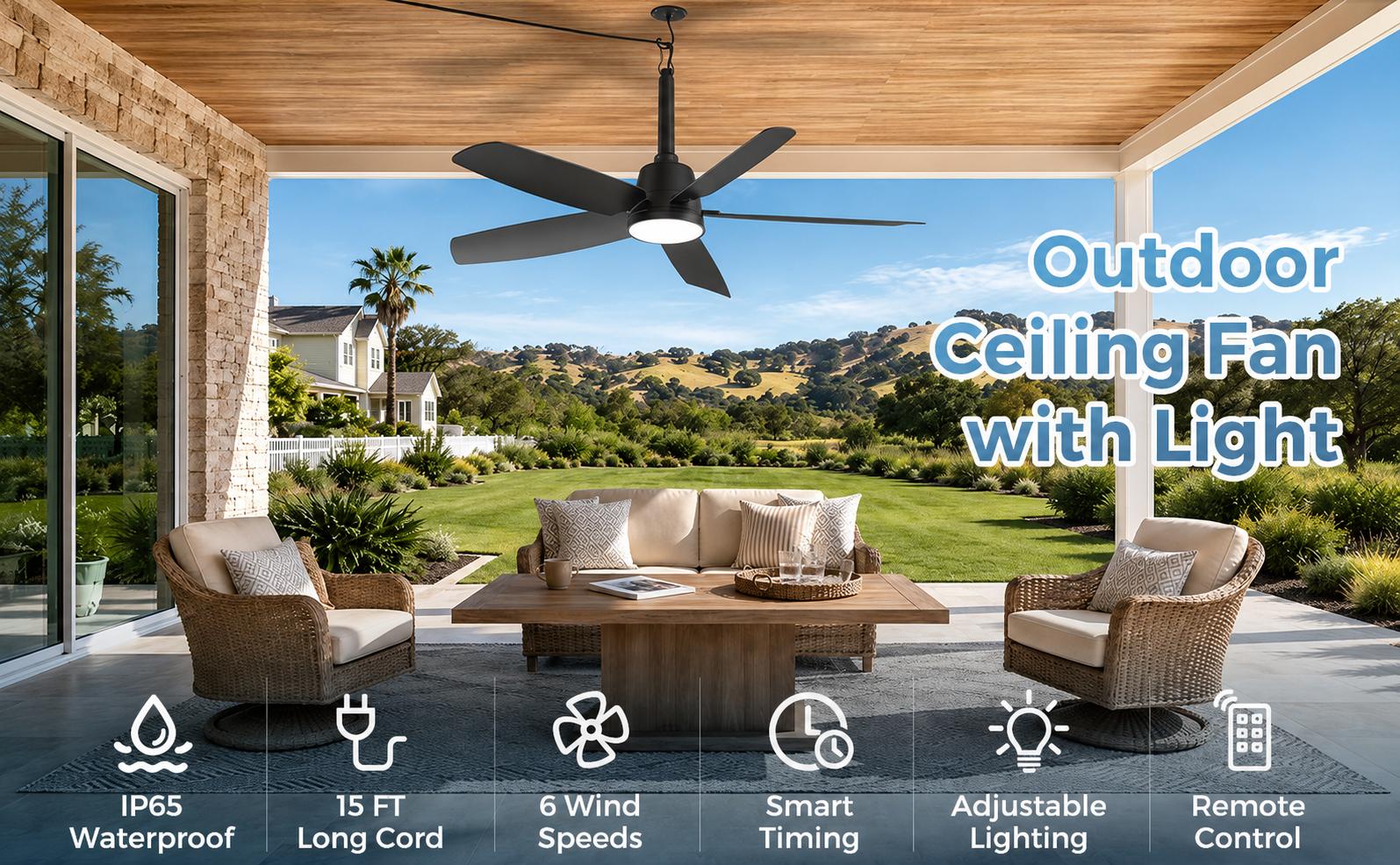 36 In Modern Plug-in Ceiling Fan with Round Blades, Dimmable LEDs, Remote Control, 6 Speeds, Reversible DC Motor, IP65 Waterproof Black Fan for Patios, Decks (Indoor-Outdoor Use for Outdoor Users), Ceiling Fan With Light, Abs+Pc