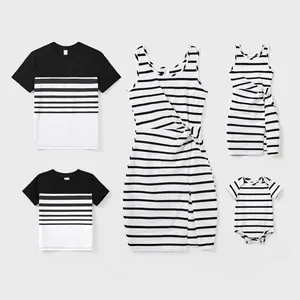 PatPat Family Matching Cotton Set Black and White Stripe T-shirt or Strap Bodycon Dress