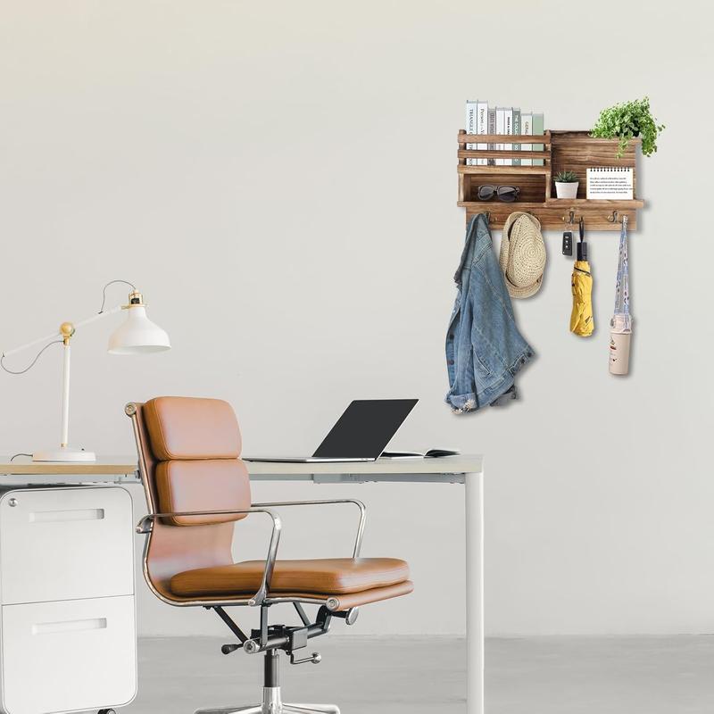 Wall Mount Key Organizer with 8 Hooks, Solid Wood Entryway Storage for Keys and Mail, Self Adhesive or Drill Installation, Rustic Home Decor for Hallway Bedroom Farmhouse (Burnt Brown)