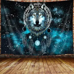 Trippy Wolf Moon Phase Dreamcatcher Tapestry, Cool Animal Aesthetic Galaxy Dream Catcher Tapestry Wall Hanging for Men Bedroom, Boho Space Tapestries Poster Blanket College Dorm Home Decor (80X60")