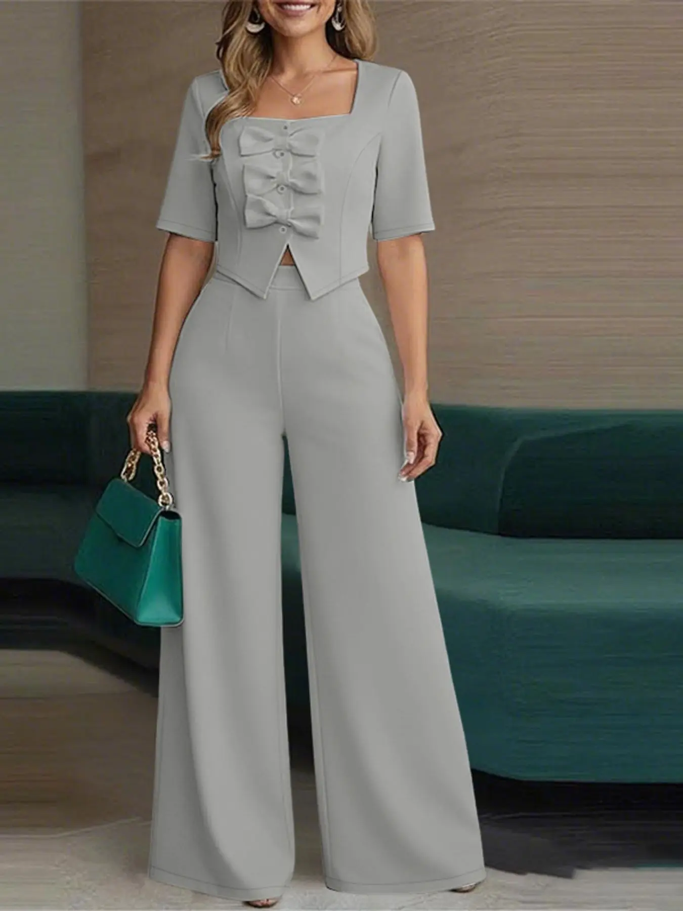 Women's Casual Set, Suits, Womenswear, Bow Tie Short Top + Long Pants High Waist Design, Perfect for Daily, Travel, Commuting, All Seasons Fashion