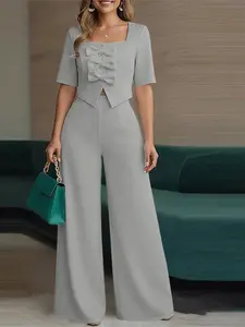Women's Casual Set, Suits, Womenswear, Bow Tie Short Top + Long Pants High Waist Design, Perfect for Daily, Travel, Commuting, All Seasons Fashion