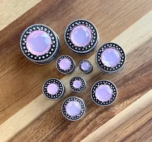 Pair of Unique Pink Gem Steel Burnished Antique Silver Top Screw Fit Tunnels/Plugs -  Gauges 1/2" (12mm) thru 1" (25mm)