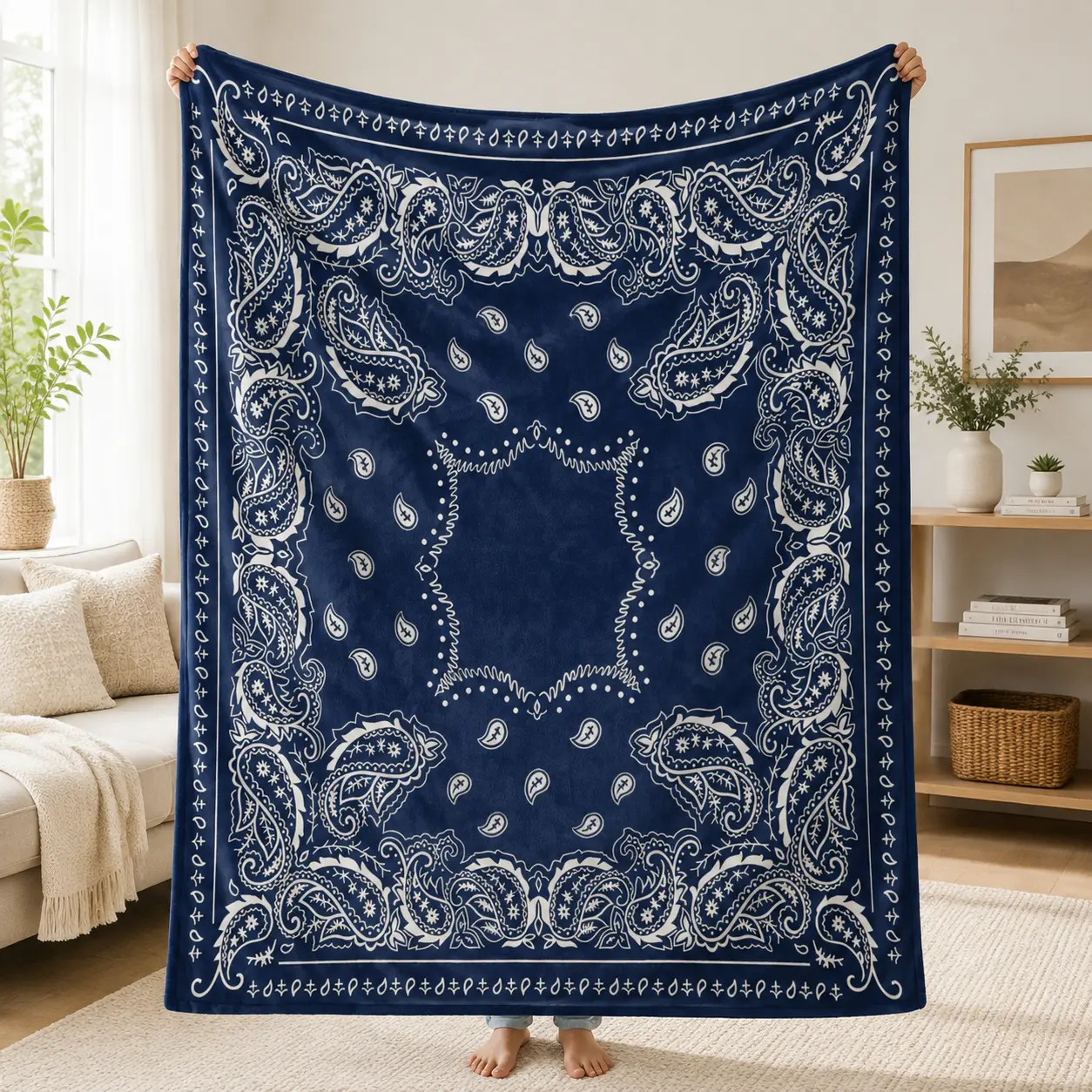 Blue Boho Throw Blanket, Vintage Paisley Pattern Cozy Blanket, Western Style Home Decor Blanket, Soft Gift for Bedroom & Couch