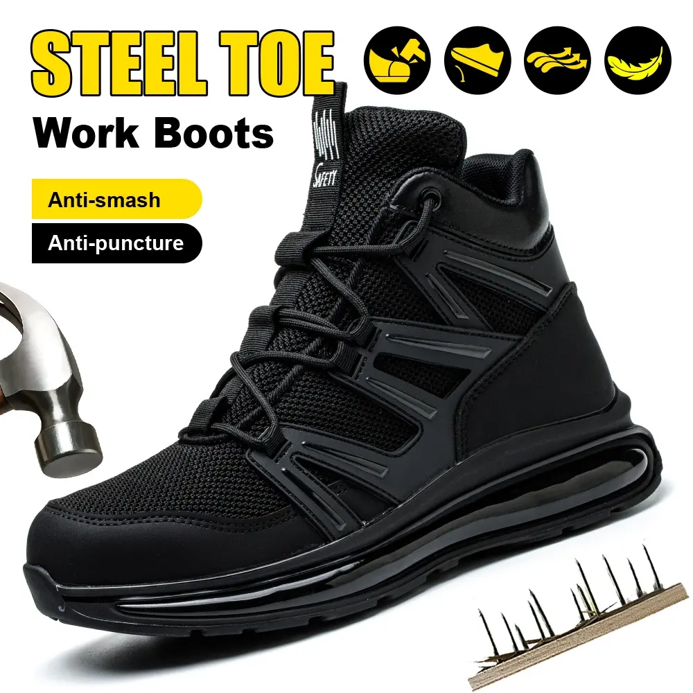 Men's Steel Toe Work Sneakers with Puncture-Proof Kevlar - Air Cushion Sole for All-Day Worker Comfort, Versatility and Reliability, Comfortable Standing, Anti-Smash, Round Toe, Laces, Walking Shoes, Footwear, Steel Toe Sneakers