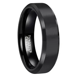 6mm Beveled Matte Finish Fashion Engagement Wedding Band Black Tungsten Carbide Ring for Men Women