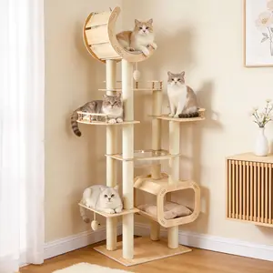 【Summervibes】Modern Heavy-Duty No-Drill Large Cat Tree – Solid Wood Multi-Story Board, 5-Story Multi-Column Cat Tower, 80.4” for Large Spaces & Multi-Cat Households, Open Condo, Space Capsule, bed, Natural Wood Durable Indoor Pet Furniture