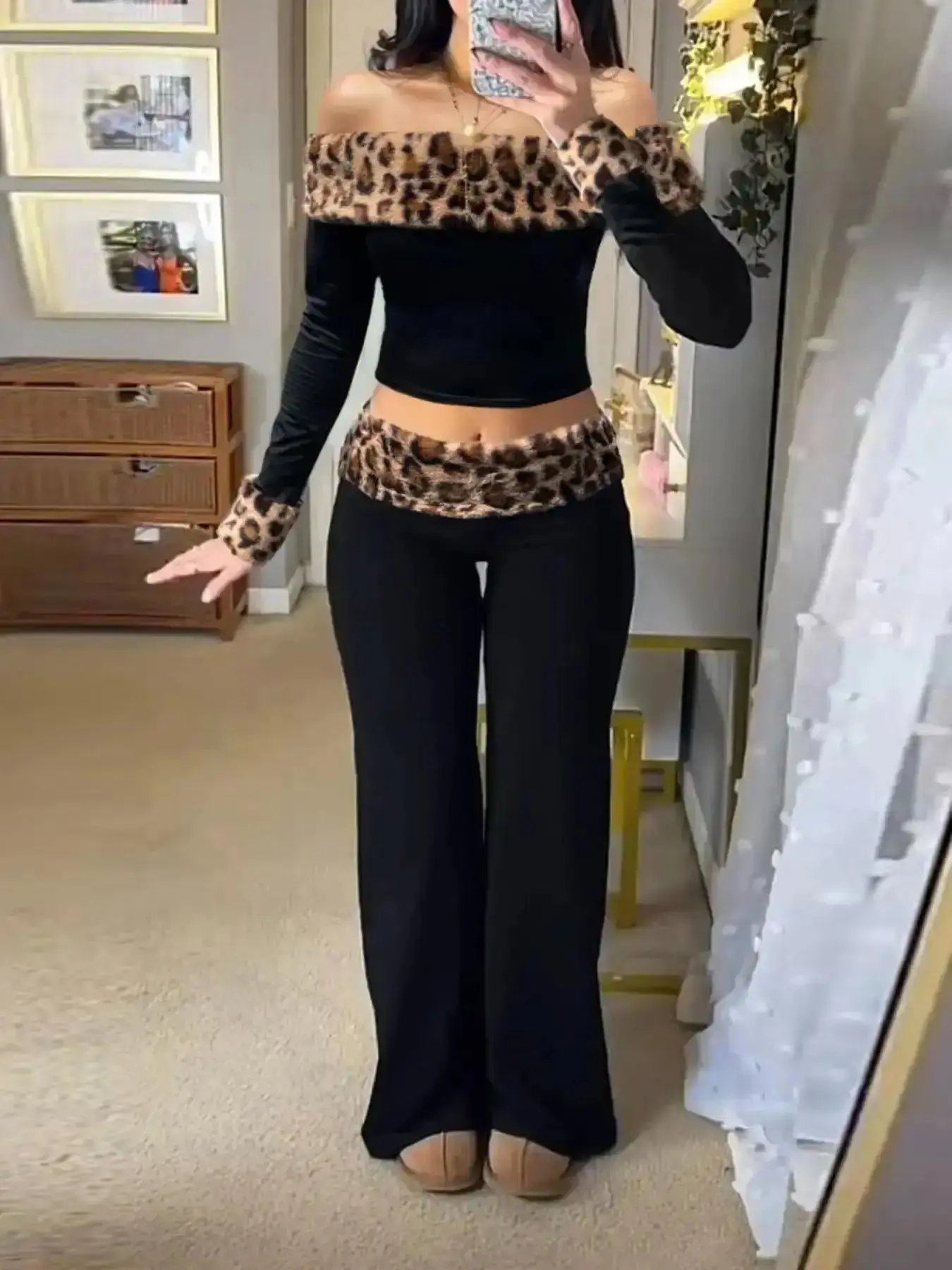 Women's Sexy Winter Faux Fur Leopard Print Two-Piece Set Fashion Clothes Set. Off-Shoulder Slim Fit Long Sleeve T-Shirt. Low-Rise Straight Leg Pants. Retro Hot Girl Fashion Elegant Home Relaxation Style. Casual Lounge