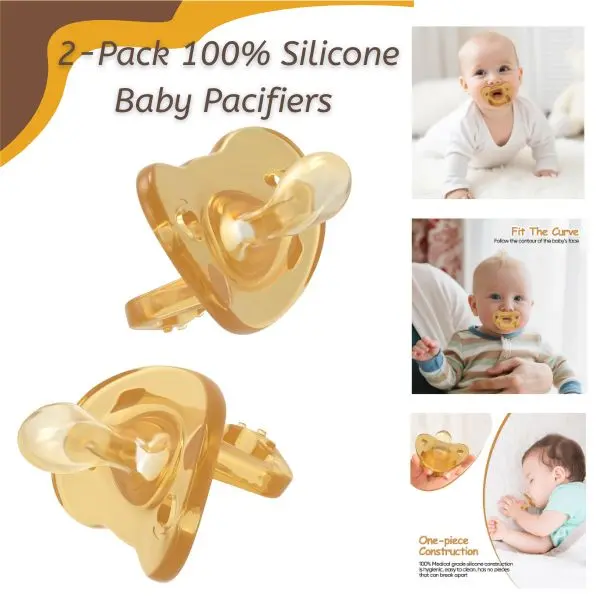 2-Pack 100% Silicone Baby Pacifiers – Orthodontic Soothers with Handle & Air Holes, BPA-Free, Safe for Newborns 0-6 Months, Cute Moon Flat Design