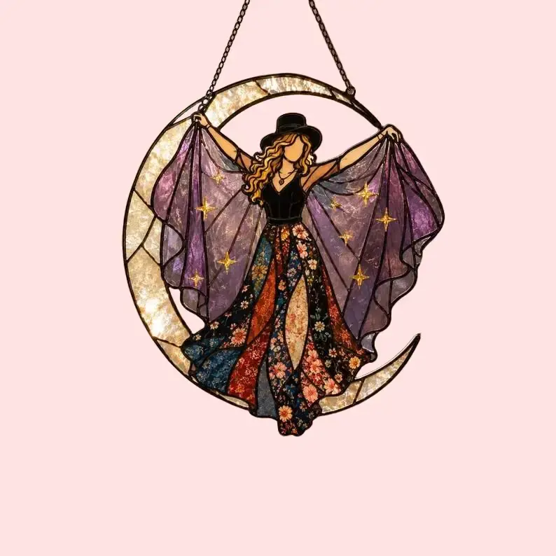 Gothic Moon Witch 2D Flat Acrylic Ornament - Vintage Celestial Crescent Floral Window Suncatcher, Witchy Home Décor Gift