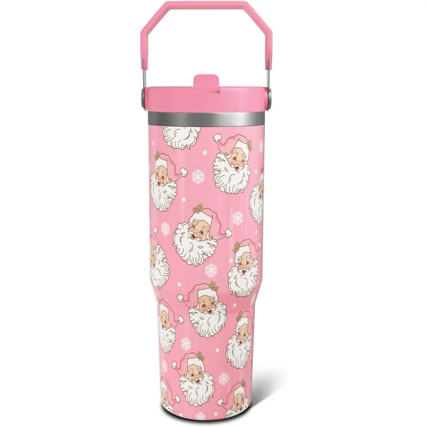30oz Cylindrical Aesthetic Pastel Santa Faces Stainless Steel Double-Wall Vacuum Thermal Insulated Tumbler - Single Unit Casual Drinkware with Lid, Top Handle, Flip Straw, for Indoor Coffee, Holiday Gift for Kids