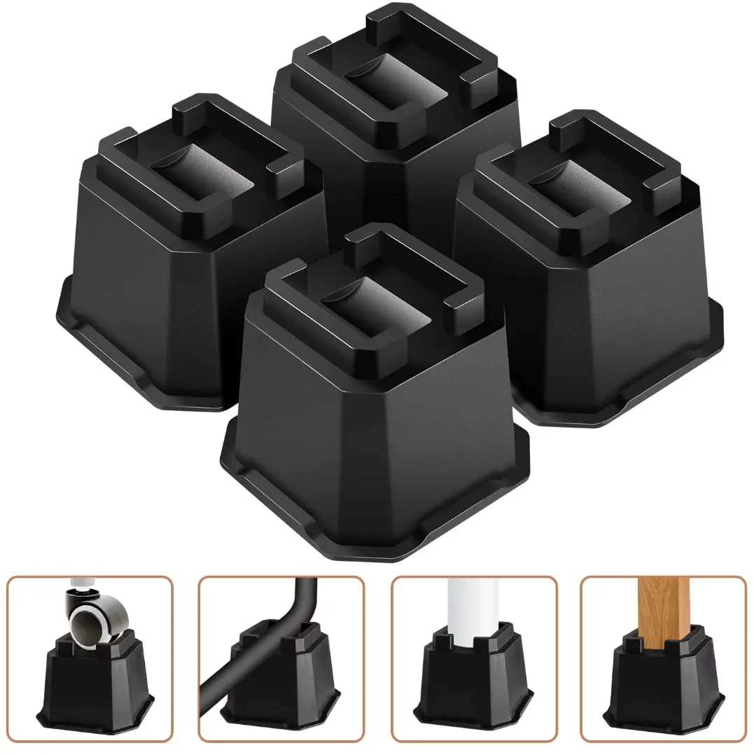 4-Pack Durable 4" Heavy-Duty Bed Risers with Anti-Slip Rubber Base, Adjustable, Versatile for Furniture & Chairs, Boosts Extra Storage Space & Optimizes Height for Better Sleep