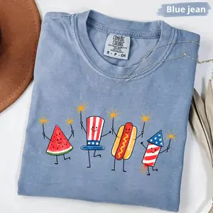 Comfort Colors Patriotic Doodle T Shirt, Cute Fourth of July TShirt, Watermelon Hotdog Firework T-Shirt, Retro Americana Graphic Tee, Funny Sumer Gift