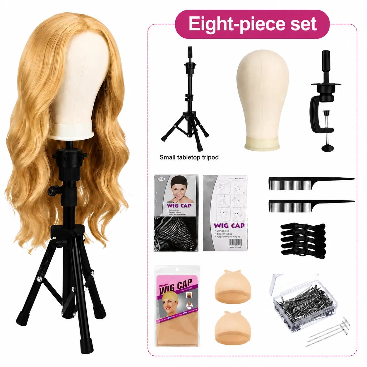 22" Canvas Adjustable Wig Mannequin Head Tripod Set with Table Clamp Holder, Professional Styling Tool for Hair Replacement & Drying, Hair Stylist Gift with HD Wig Cap