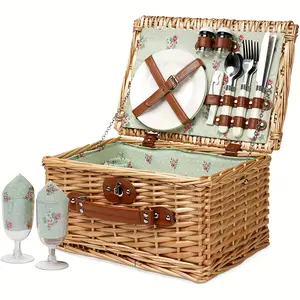 Wicker Picnic Basket For 2, Handmade Willow Hamper Basket Sets 2 Person Picnic Basket With Utensils Cutlery Perfect For Picnic, Camping