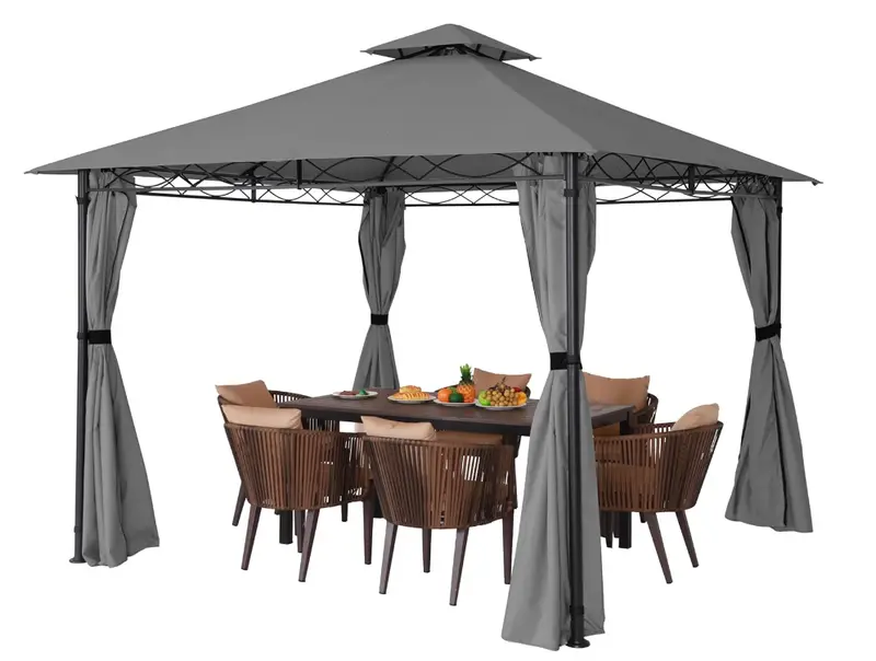 10'x10' Gazebo for Patios, Double Vent Outdoor Canopy with Curtains & Sand Bag, Outside Patio  Lines Decorative for Backyard (Dark Grey) pergola