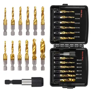 13 count Titanium Drill Tap Set, HSS SAE & Metric Drill and Tap Bits with Quick Change Adapter, 3-in-1 Tool for Drilling, Tapping, Countersinking for Metalworking (Black)