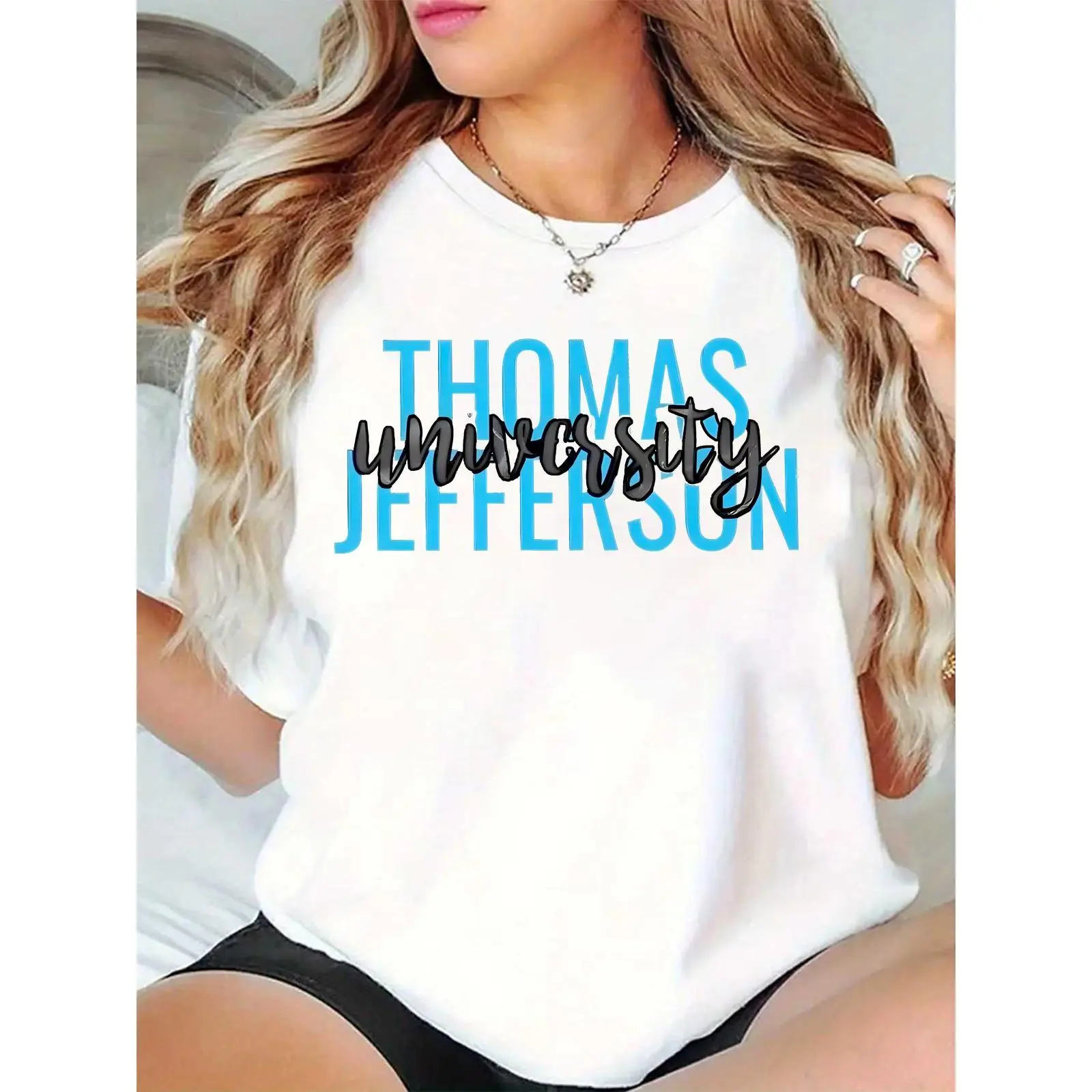 Women's 100% Cotton Thomas Jefferson University Logo Printed Round Neck T-Shirt - Lightweight, Breathable, Loose-Fitting All Seasons Casual Top for Campus Alumni, Machine Washable, Comfortable Crew Neck Digital Print Top