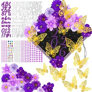 36 Pcs Purple DIY Graduation Cap Decorations Kits Faux Flower 3D Butterfly Rhinestones Glitter Alphabet Letter Sticker for Grad Cap Topper Graduation Party DIY Crafts