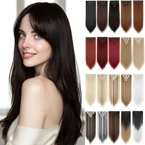 Dulchany 23" Straight Clip in Hair Extensions, 7 PCS Full Head Double Weft Hairpieces, Natural Fluffy Heat Resistant Synthetic Hair Pieces for Women