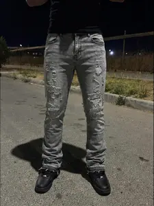 Men's Distressed Denim Jeans, Y2K Stackable Pants, Relaxed Fit, Loose-Fitting Button Fly, All Seasons Casual Wear, Patchwork Design, Streetwear