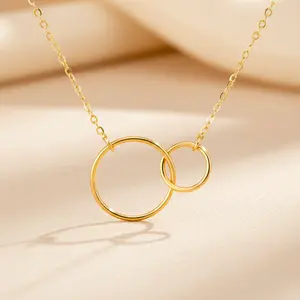 Interlocking Circle Necklace, Linked Circles Necklace for Women, Symbol of Love & Connection, Minimalist Everyday Jewelry, Friendship or Couple Gift (TWO (2) Rings 14K Gold Filled, 16"+2" Extender)