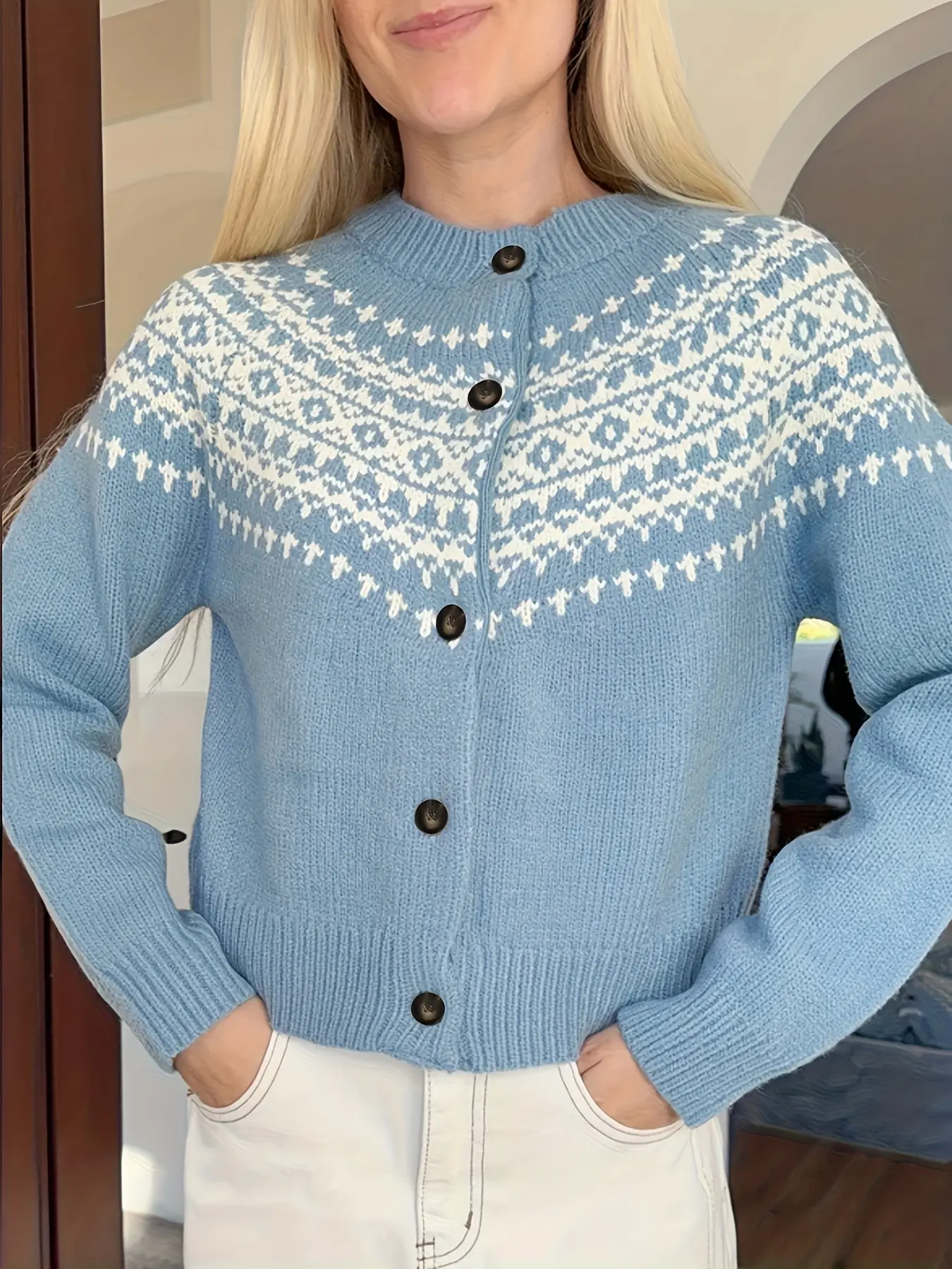 Women's Fair Isle Knit Cardigan, Vintage Round Neck Button Down Sweater, Blue Nordic Graphic Print Jumper, Cute Preppy Knitwear for Winter