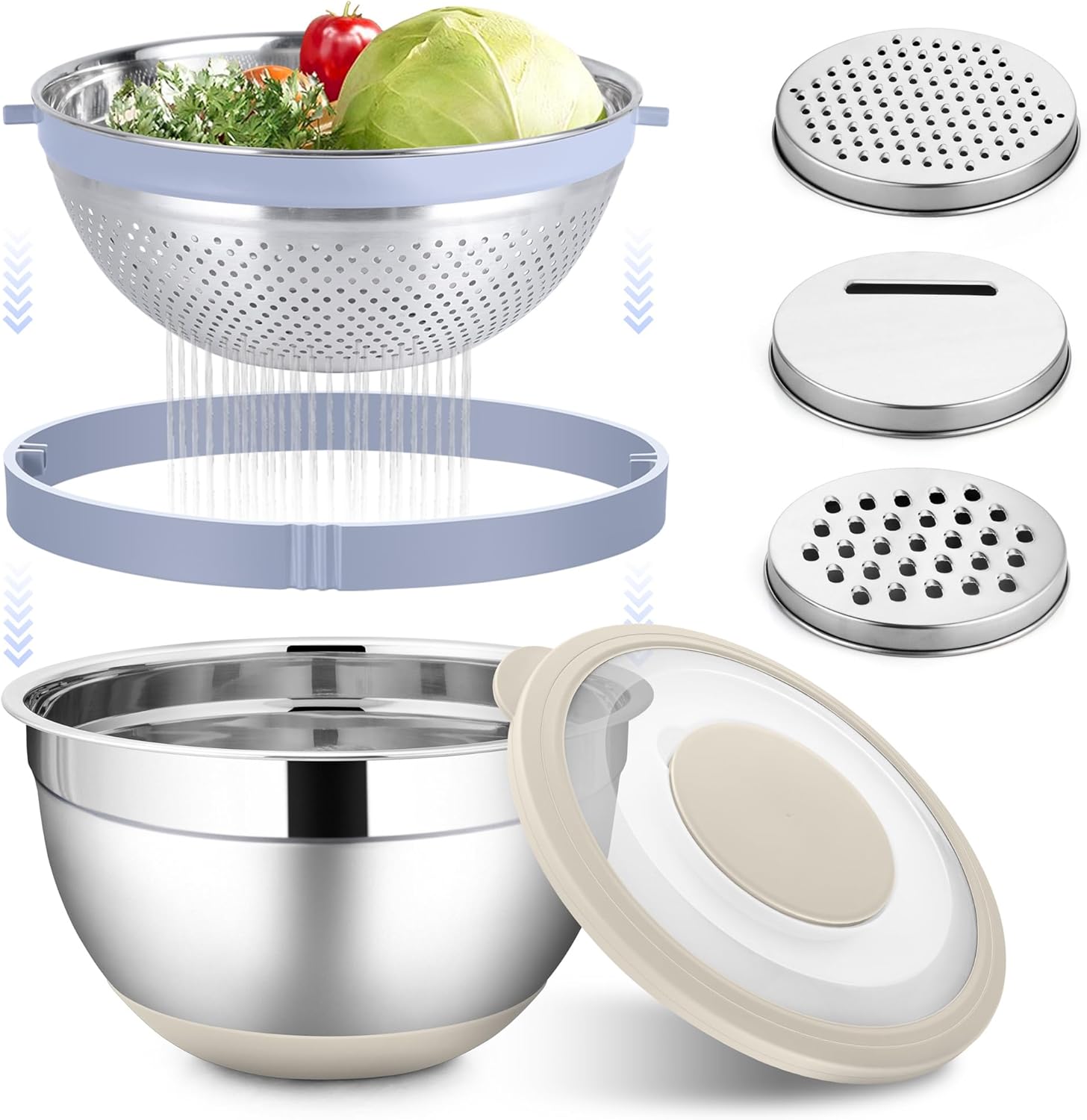 Vesteel 4-in-1 Stainless Steel Colander with Mixing Bowl Set, Airtight Lid & 3 Graters, Multifunctional Kitchen Prep for Washing Draining Mixing Grating, BPA-Free, Dishwasher-Safe