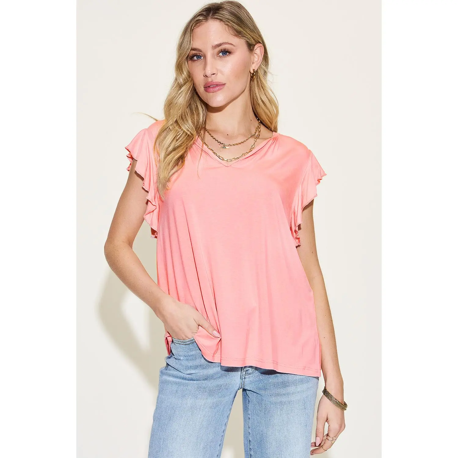 Basic Bae Full Size Bamboo Ruffled Short Sleeve T-Shirt - 95% Bamboo Fiber, 5% Spandex, Casual Style for Summer Wear - Womenswear, Top, Tshirt, Stretchy, Comfort, Streetwear