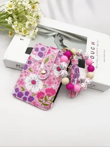 Women's Boho Style Daisy Flower Pattern Phone Wallet, Zipper Wallet Design, Fashionable Silicone Beaded Wristlet Phone Wallet with Tassel Decor, Phone Wallet Purse