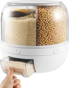 Rotating Multi-Grid Grain Dispenser - 6 Grids, 360° Rotating Food Dispenser, Round Grain Dispenser for Small Grains, Beans, Rice & Utensils