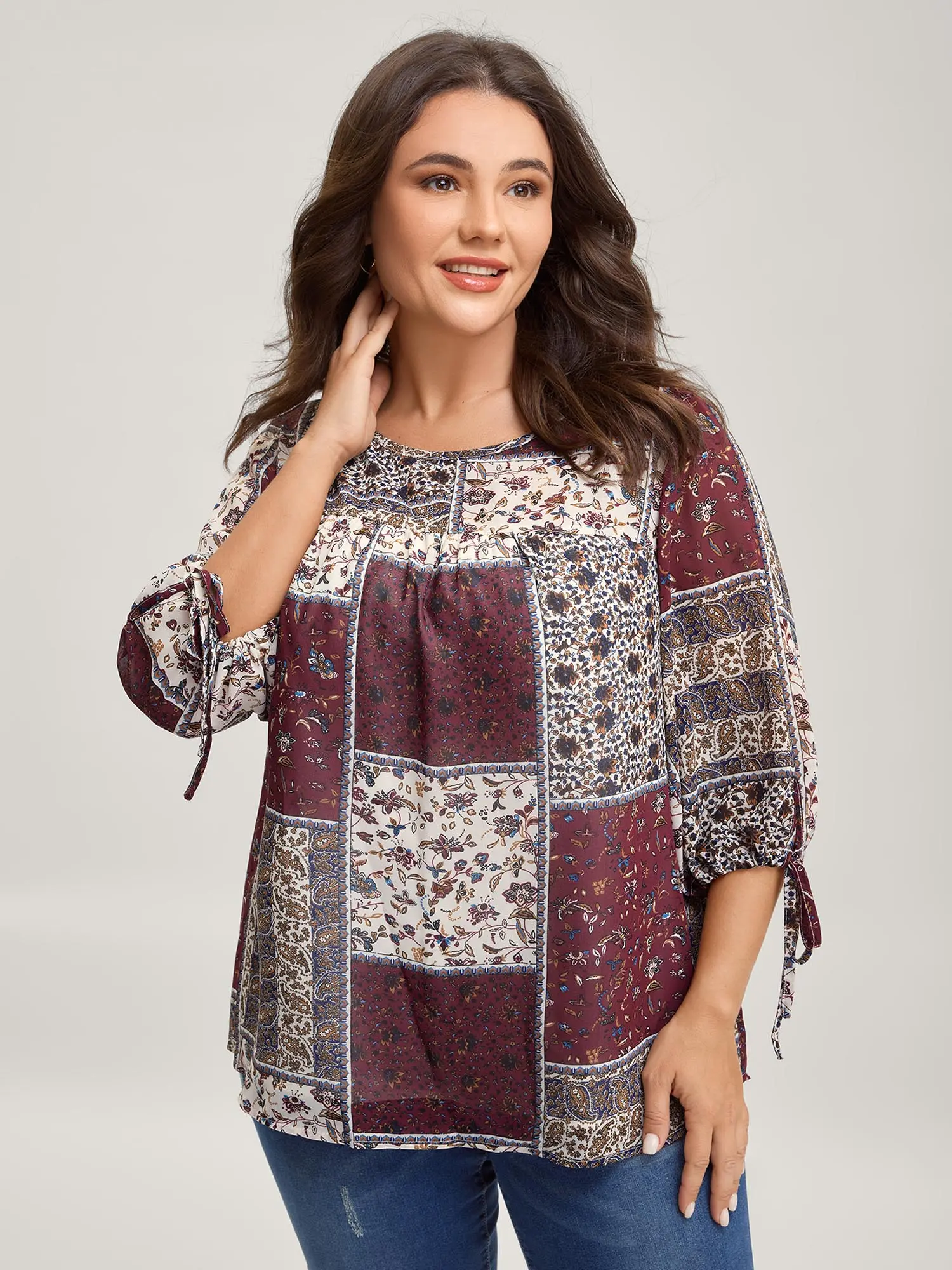 BloomChic Plus Size Blouse, Comfy Casual Boho Style with Bohemian Print, Elbow-Length Lantern Sleeves and Tie-Knot Hem, Boho Style Shirt, Casual Boho Soft, Women's Clothes
