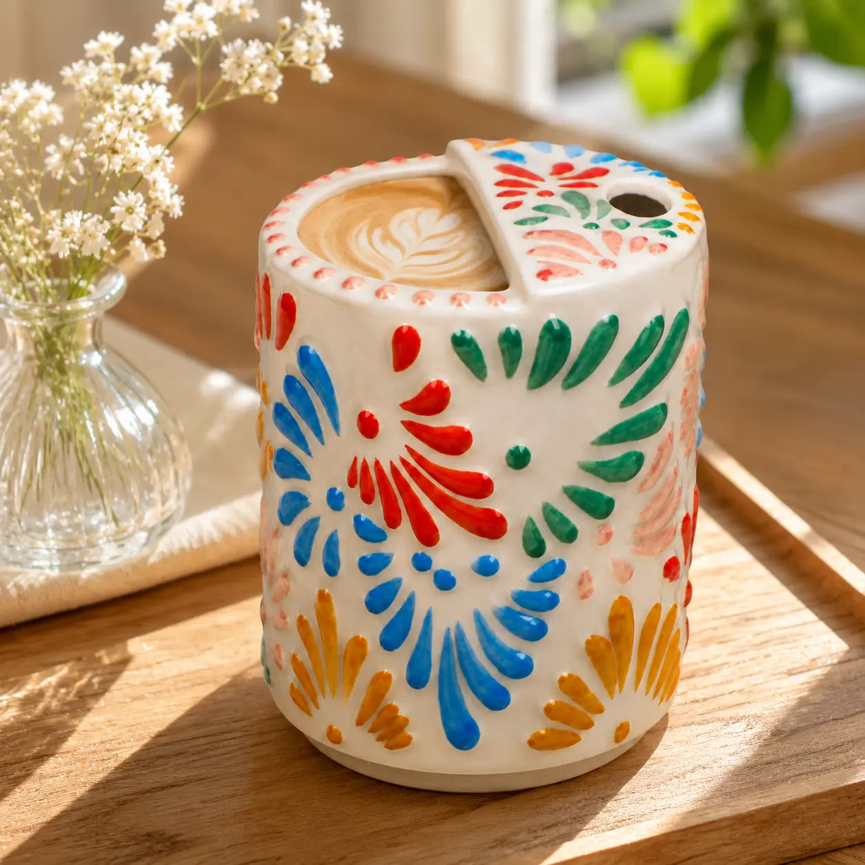 Handcrafted Relief Colorful Floral Ceramic Mug 17oz Large Coffee Tea Travel Mug with Lid Cute Mexican Pottery Dishwasher Safe Lead Free Perfect Gift for Teachers and Coffee Lovers   17